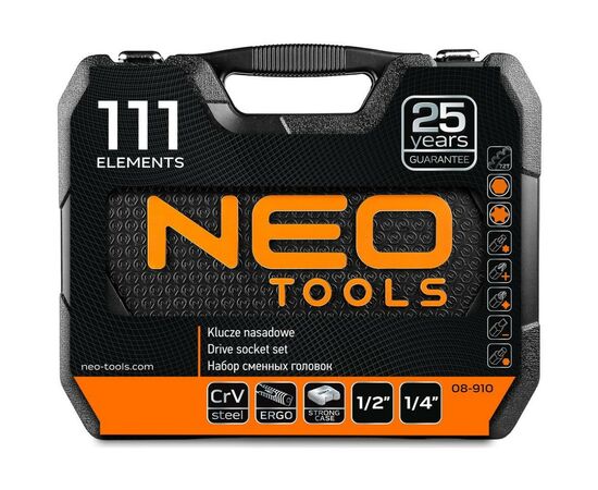 Набор инструментов Neo Tools 1/4, 1/2 CrV, 111 шт. (08-910), изображение 8 Набор инструментов Neo Tools 1/4, 1/2 CrV, 111 шт. (08-910), изображение 8