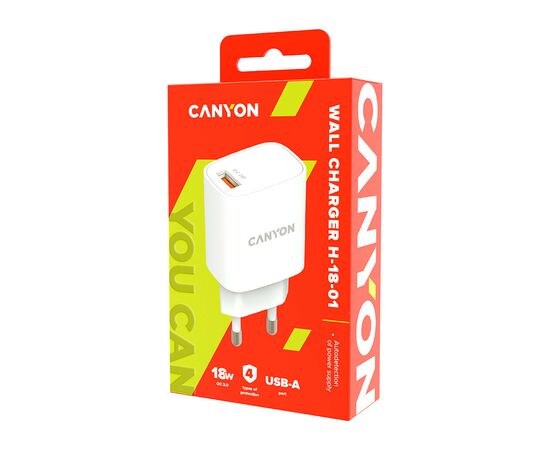 Зарядное устройство Canyon Wall charger 1*USB, QC3.0 18W (CNE-CHA18W), изображение 3 Зарядное устройство Canyon Wall charger 1*USB, QC3.0 18W (CNE-CHA18W), изображение 3