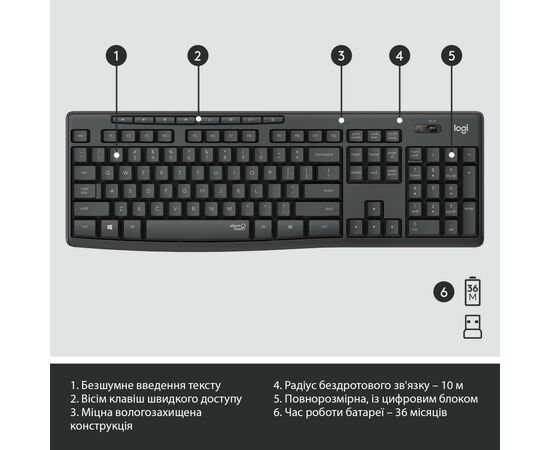 Комплект Logitech MK295 Silent UA Graphite (920-009800), зображення 6 Комплект Logitech MK295 Silent UA Graphite (920-009800), зображення 6