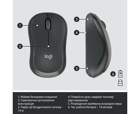 Комплект Logitech MK295 Silent UA Graphite (920-009800), зображення 7 Комплект Logitech MK295 Silent UA Graphite (920-009800), зображення 7