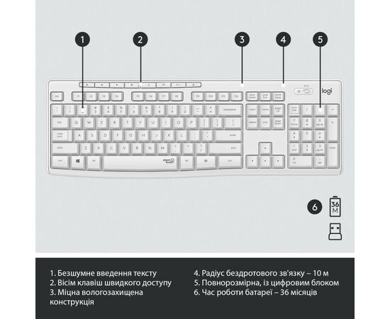 Комплект Logitech MK295 Silent UA Off-White (920-009824), изображение 6 Комплект Logitech MK295 Silent UA Off-White (920-009824), изображение 6
