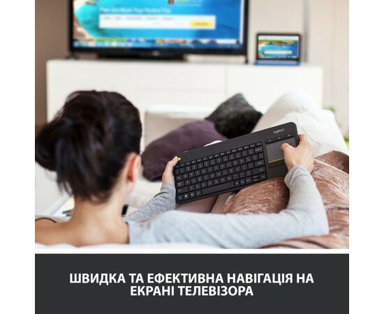 Клавиатура Logitech K400 Plus Touch Wireless UA Black (920-007145), изображение 2 Клавиатура Logitech K400 Plus Touch Wireless UA Black (920-007145), изображение 2