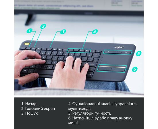 Клавиатура Logitech K400 Plus Touch Wireless UA Black (920-007145), изображение 6 Клавиатура Logitech K400 Plus Touch Wireless UA Black (920-007145), изображение 6