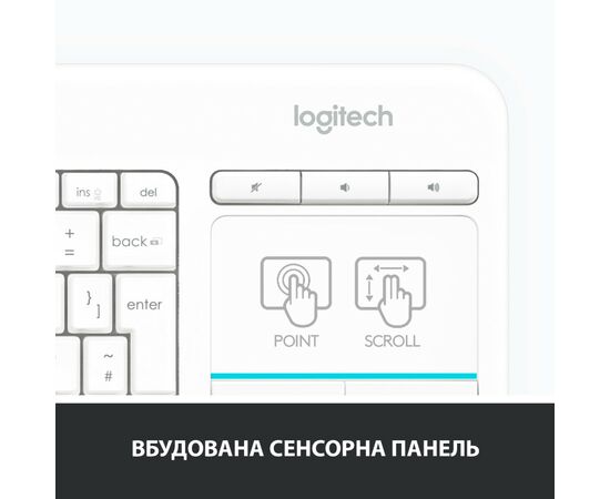 Клавиатура Logitech K400 Plus Touch Wireless UA White (920-007146), изображение 4 Клавиатура Logitech K400 Plus Touch Wireless UA White (920-007146), изображение 4