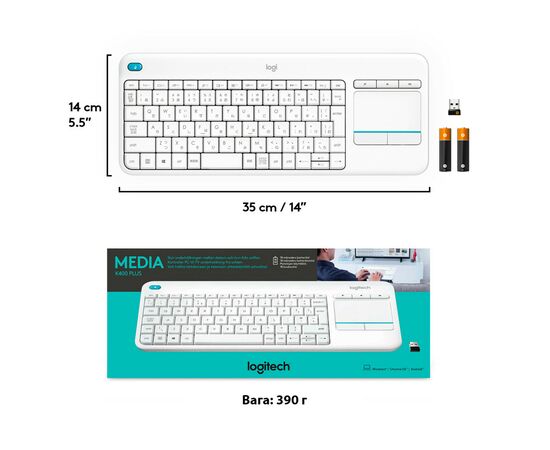 Клавиатура Logitech K400 Plus Touch Wireless UA White (920-007146), изображение 8 Клавиатура Logitech K400 Plus Touch Wireless UA White (920-007146), изображение 8