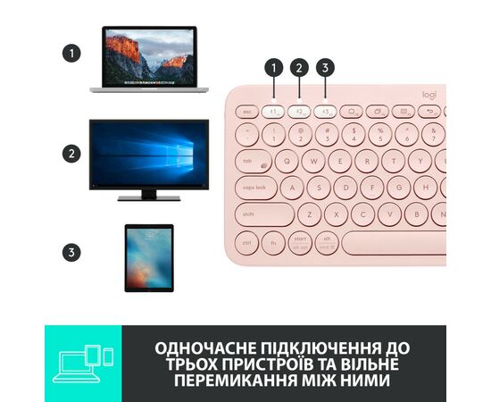 Клавіатура Logitech K380 Multi-Device Bluetooth UA Rose (920-009867), зображення 7 Клавіатура Logitech K380 Multi-Device Bluetooth UA Rose (920-009867), зображення 7