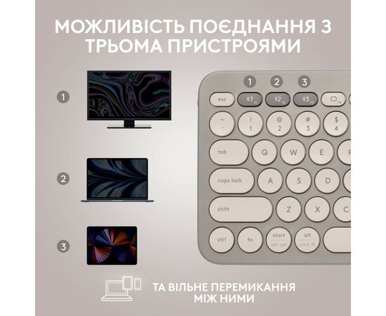 Клавиатура Logitech K380 Multi-Device Bluetooth UA Sand (920-011165), изображение 7 Клавиатура Logitech K380 Multi-Device Bluetooth UA Sand (920-011165), изображение 7