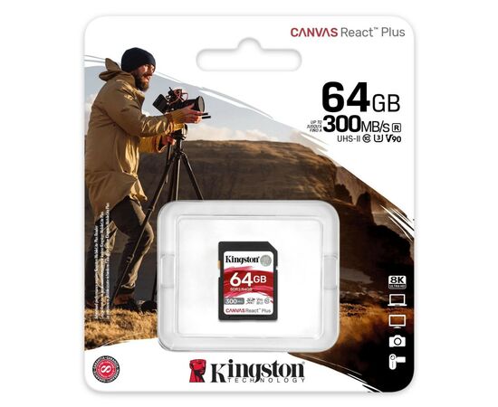 Карта памяти Kingston 64GB class 10 UHS-II U3 Canvas React Plus (SDR2/64GB), изображение 3 Карта памяти Kingston 64GB class 10 UHS-II U3 Canvas React Plus (SDR2/64GB), изображение 3