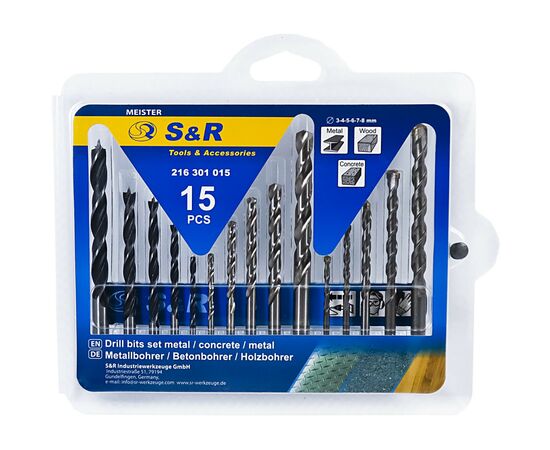 Набір свердл S&R Meister 15шт.:3,4,5,6,8мм мет/дер/бетон (216301015)