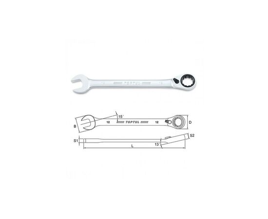Ключ Toptul комбінований з тріскачкою 19мм (ABAF1919), зображення 2 Ключ Toptul комбінований з тріскачкою 19мм (ABAF1919), зображення 2