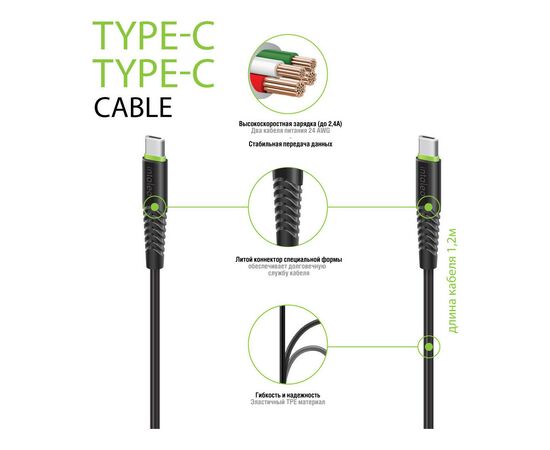 Дата кабель Type-C to Type-C 1.2m CBFLEXTT1 18W black Intaleo (1283126504082), зображення 2 Дата кабель Type-C to Type-C 1.2m CBFLEXTT1 18W black Intaleo (1283126504082), зображення 2
