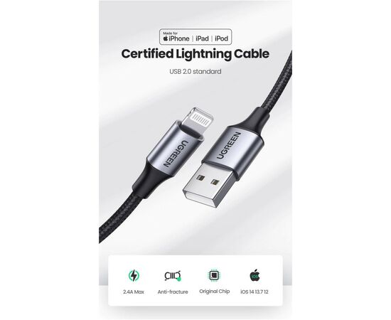 Дата кабель USB 2.0 AM to Lightning 2.0m US199 2.4A Black Ugreen (60158), изображение 3