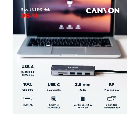 Порт-реплікатор Canyon DS-11, 9 in 1 USB-C hub, HDMI, Gigabit Ethernet, Type-C PD/100W (CNS-TDS11), зображення 2 Порт-реплікатор Canyon DS-11, 9 in 1 USB-C hub, HDMI, Gigabit Ethernet, Type-C PD/100W (CNS-TDS11), зображення 2