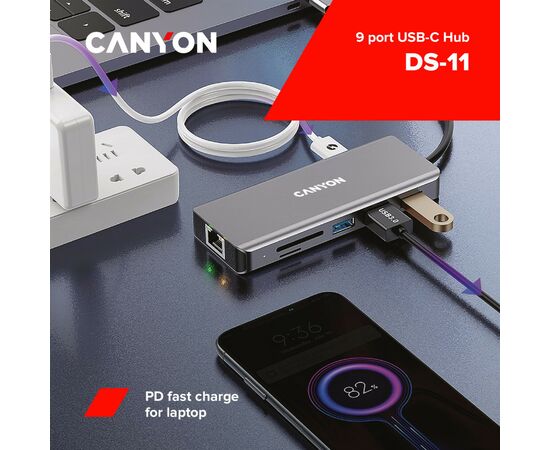 Порт-реплікатор Canyon DS-11, 9 in 1 USB-C hub, HDMI, Gigabit Ethernet, Type-C PD/100W (CNS-TDS11), зображення 3 Порт-реплікатор Canyon DS-11, 9 in 1 USB-C hub, HDMI, Gigabit Ethernet, Type-C PD/100W (CNS-TDS11), зображення 3