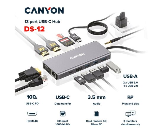 Порт-репликатор Canyon DS-12, 13 in 1 USB-C hub, 2*HDMI, Gigabit Ethernet, VGA, 3*USB3.0, PD/100W, 3.5mm audio jack (CNS-TDS12), изображение 2 Порт-репликатор Canyon DS-12, 13 in 1 USB-C hub, 2*HDMI, Gigabit Ethernet, VGA, 3*USB3.0, PD/100W, 3.5mm audio jack (CNS-TDS12), изображение 2