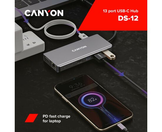 Порт-репликатор Canyon DS-12, 13 in 1 USB-C hub, 2*HDMI, Gigabit Ethernet, VGA, 3*USB3.0, PD/100W, 3.5mm audio jack (CNS-TDS12), изображение 3 Порт-репликатор Canyon DS-12, 13 in 1 USB-C hub, 2*HDMI, Gigabit Ethernet, VGA, 3*USB3.0, PD/100W, 3.5mm audio jack (CNS-TDS12), изображение 3