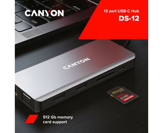 Порт-репликатор Canyon DS-12, 13 in 1 USB-C hub, 2*HDMI, Gigabit Ethernet, VGA, 3*USB3.0, PD/100W, 3.5mm audio jack (CNS-TDS12), изображение 5 Порт-репликатор Canyon DS-12, 13 in 1 USB-C hub, 2*HDMI, Gigabit Ethernet, VGA, 3*USB3.0, PD/100W, 3.5mm audio jack (CNS-TDS12), изображение 5