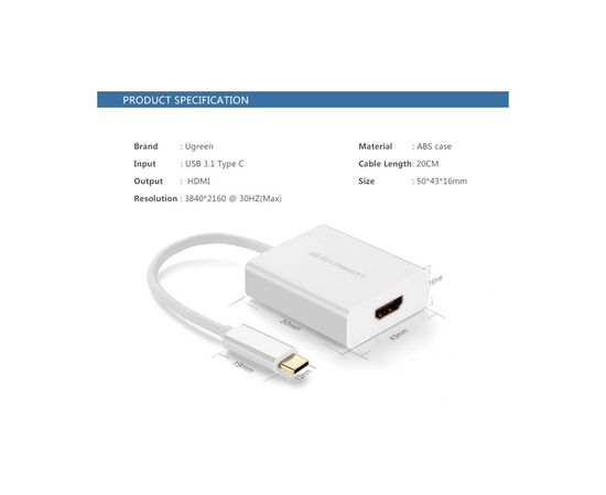 Переходник USB2.0 Type-C to HDMI V1.4b 40273 white Ugreen (40273), изображение 4 Переходник USB2.0 Type-C to HDMI V1.4b 40273 white Ugreen (40273), изображение 4