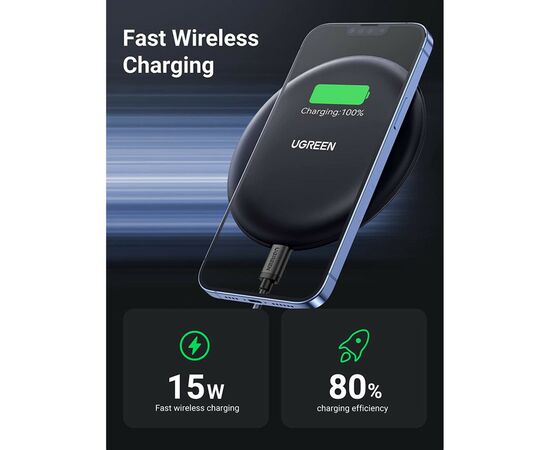 Зарядное устройство Ugreen CD186 Wireless Charging Pad (15 W) black (80537), изображение 2 Зарядное устройство Ugreen CD186 Wireless Charging Pad (15 W) black (80537), изображение 2