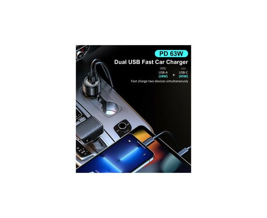 Зарядное устройство Choetech car USB-A/USB-C 63W QC3.0/PD/PPS black (TC0010-BK), изображение 6 Зарядное устройство Choetech car USB-A/USB-C 63W QC3.0/PD/PPS black (TC0010-BK), изображение 6