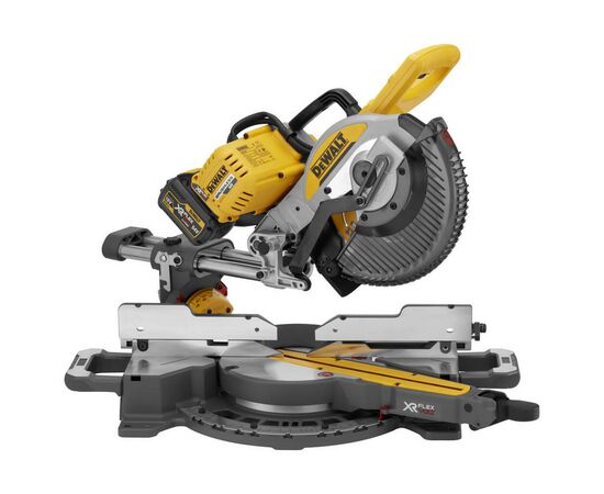 Торцовочная пила DeWALT 54В XR FLEXVOLT Li-lon, диск 250х30 мм, XPS, 20.5 кг, 2x2Ah (DCS727T2), изображение 2 Торцовочная пила DeWALT 54В XR FLEXVOLT Li-lon, диск 250х30 мм, XPS, 20.5 кг, 2x2Ah (DCS727T2), изображение 2