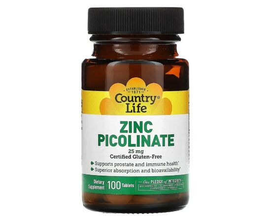 Вітамінно-мінеральний комплекс Country Life Цинк піколінат 25 мг, Zinc Picolinate, 100 таблеток (CLF-02967)