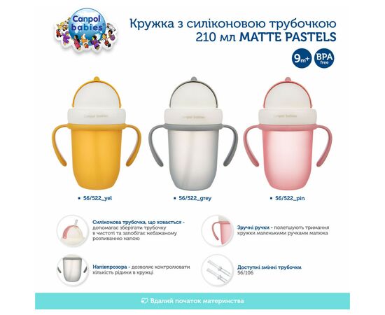Поильник-непроливайка Canpol babies Matte Pastels с силиконовой трубочкой 210 мл Серый (56/522_grey), изображение 6 Поильник-непроливайка Canpol babies Matte Pastels с силиконовой трубочкой 210 мл Серый (56/522_grey), изображение 6