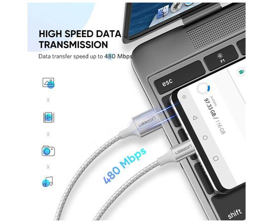 Дата кабель USB 2.0 AM to Type-C 2.0m 3.0A 18W US288 White Ugreen (60133), изображение 2