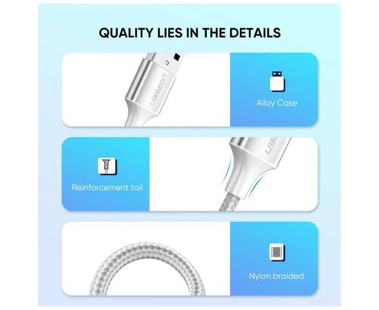 Дата кабель USB 2.0 AM to Type-C 2.0m 3.0A 18W US288 White Ugreen (60133), изображение 3