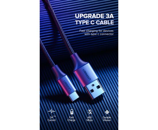Дата кабель USB 2.0 AM to Type-C 3.0m 3.0A 18W US288 Space Gray Ugreen (60408), изображение 3 Дата кабель USB 2.0 AM to Type-C 3.0m 3.0A 18W US288 Space Gray Ugreen (60408), изображение 3