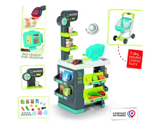Игровой набор Smoby Интерактивный маркет с электронной кассой и тележкой 34 аксессуара (350230), изображение 2 Игровой набор Smoby Интерактивный маркет с электронной кассой и тележкой 34 аксессуара (350230), изображение 2