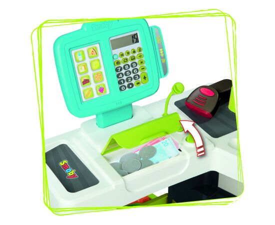 Игровой набор Smoby Интерактивный маркет с электронной кассой и тележкой 34 аксессуара (350230), изображение 4 Игровой набор Smoby Интерактивный маркет с электронной кассой и тележкой 34 аксессуара (350230), изображение 4