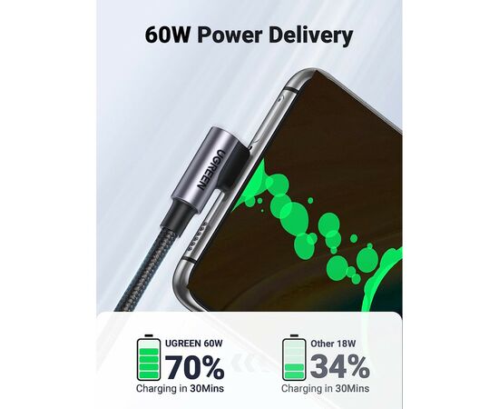Дата кабель USB 2.0Type-C to Type-C 3.0m 60W US255 90-degree Angle Black Ugreen (80714), изображение 2 Дата кабель USB 2.0Type-C to Type-C 3.0m 60W US255 90-degree Angle Black Ugreen (80714), изображение 2