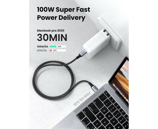 Дата кабель USB 2.0Type-C to Type-C 3.0m 5A 100W US316 Black Ugreen (90120), изображение 2 Дата кабель USB 2.0Type-C to Type-C 3.0m 5A 100W US316 Black Ugreen (90120), изображение 2
