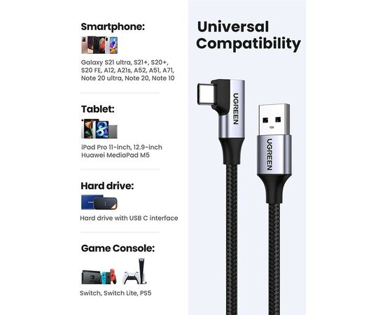 Дата кабель USB 3.0Type-C to Type-C 1.0m 60W US385 90-degree Black Ugreen (20299), изображение 5 Дата кабель USB 3.0Type-C to Type-C 1.0m 60W US385 90-degree Black Ugreen (20299), изображение 5