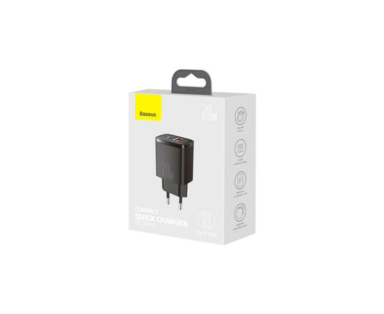 Зарядное устройство Baseus Compact Quick Charger U+C 20W EU Black (CCXJ-B01), изображение 3 Зарядное устройство Baseus Compact Quick Charger U+C 20W EU Black (CCXJ-B01), изображение 3