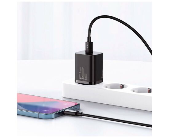 Зарядное устройство Baseus Super Si 1C 20W With Cable Type-C/iP Black (TZCCSUP-B01), изображение 7 Зарядное устройство Baseus Super Si 1C 20W With Cable Type-C/iP Black (TZCCSUP-B01), изображение 7