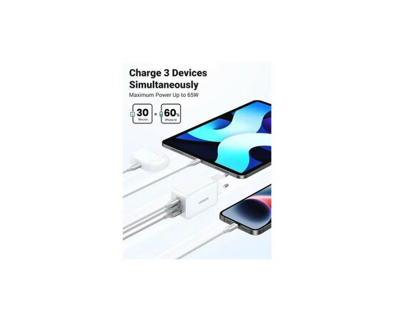 Зарядний пристрій Ugreen USB-A+2*USB-C 65W GaN Tech Fast White (CD224/15334), зображення 4 Зарядний пристрій Ugreen USB-A+2*USB-C 65W GaN Tech Fast White (CD224/15334), зображення 4