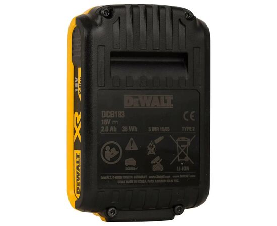 Аккумулятор к электроинструменту DeWALT 18 В XR Li-lon 2Ah, 2 шт., 0.8 кг (DCB183D2), изображение 4 Аккумулятор к электроинструменту DeWALT 18 В XR Li-lon 2Ah, 2 шт., 0.8 кг (DCB183D2), изображение 4