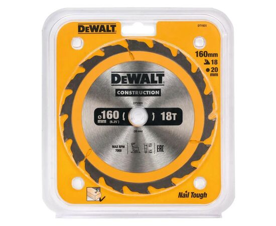 Диск пильный DeWALT СONSTRUCTION , 160 х 20 мм, 18 z, АВТ, 20 градусов (DT1931), изображение 2 Диск пильный DeWALT СONSTRUCTION , 160 х 20 мм, 18 z, АВТ, 20 градусов (DT1931), изображение 2
