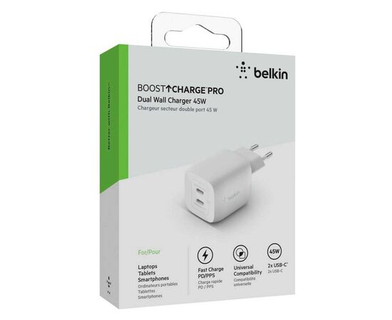 Зарядное устройство Belkin 45W 2хUSB-С GAN PD PPS white (WCH011VFWH), изображение 2 Зарядное устройство Belkin 45W 2хUSB-С GAN PD PPS white (WCH011VFWH), изображение 2