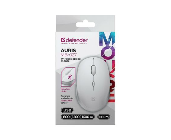 Мышка Defender Auris MB-027 Silent Wireless White (52028), изображение 6 Мышка Defender Auris MB-027 Silent Wireless White (52028), изображение 6
