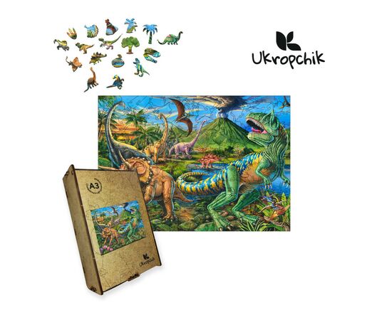 Пазл Ukropchik деревянный Эра Динозавров А3 в коробке с набором-рамкой (Dinosaur Era A3)