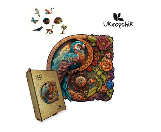 Пазл Ukropchik деревянный попугай в тропиках А3 в коробке с набором-рамкой (Parrot in the Tropics A3)