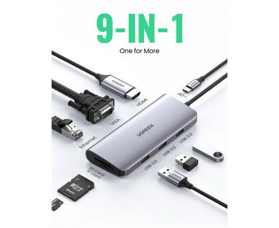 Концентратор Ugreen USB3.0 Type-C to USB 3.0x3/HDMI/VGA/RJ45/SDTF/PD CM179 gray (40873), изображение 2 Концентратор Ugreen USB3.0 Type-C to USB 3.0x3/HDMI/VGA/RJ45/SDTF/PD CM179 gray (40873), изображение 2