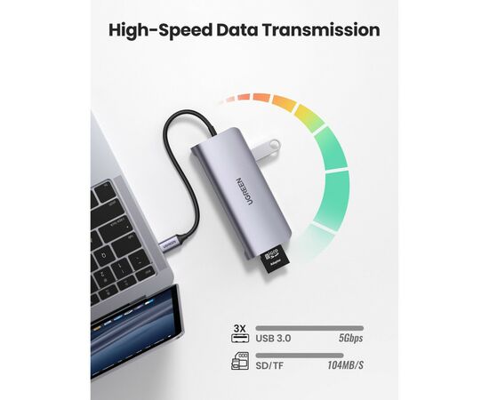 Концентратор Ugreen USB3.0 Type-C to USB 3.0x3/HDMI/VGA/RJ45/SDTF/PD CM179 gray (40873), изображение 4 Концентратор Ugreen USB3.0 Type-C to USB 3.0x3/HDMI/VGA/RJ45/SDTF/PD CM179 gray (40873), изображение 4