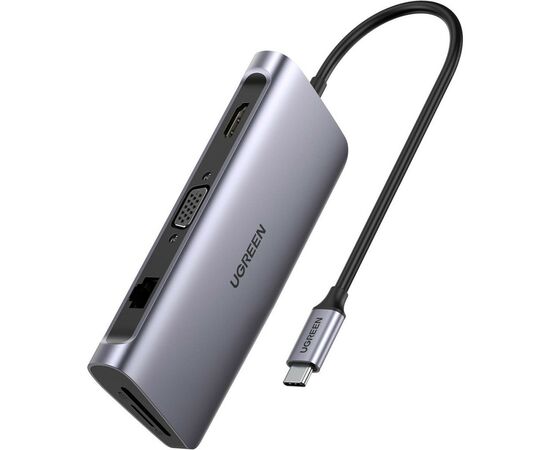 Концентратор Ugreen USB3.0 Type-C to USB 3.0x3/HDMI/VGA/RJ45/SDTF/PD CM179 gray (40873)