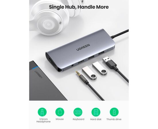 Концентратор Ugreen USB3.0 Type-C to USB 3.0x3/HDMI/VGA/TRS/RJ45/SDTF/PD CM179 space gray (80133), изображение 4 Концентратор Ugreen USB3.0 Type-C to USB 3.0x3/HDMI/VGA/TRS/RJ45/SDTF/PD CM179 space gray (80133), изображение 4