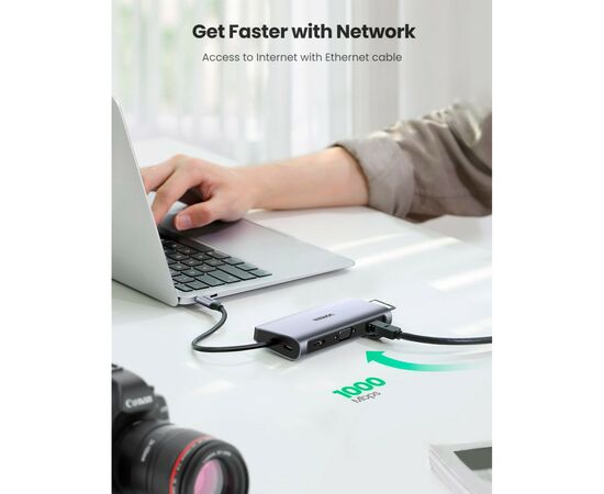 Концентратор Ugreen USB3.0 Type-C to USB 3.0x3/HDMI/VGA/TRS/RJ45/SDTF/PD CM179 space gray (80133), изображение 5 Концентратор Ugreen USB3.0 Type-C to USB 3.0x3/HDMI/VGA/TRS/RJ45/SDTF/PD CM179 space gray (80133), изображение 5