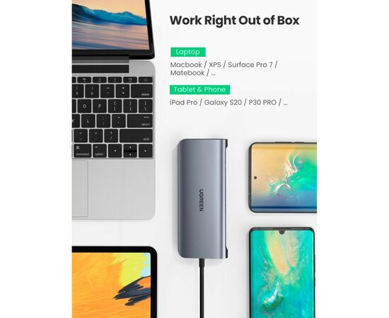 Концентратор Ugreen USB3.0 Type-C to USB 3.0x3/HDMI/VGA/TRS/RJ45/SDTF/PD CM179 space gray (80133), изображение 6 Концентратор Ugreen USB3.0 Type-C to USB 3.0x3/HDMI/VGA/TRS/RJ45/SDTF/PD CM179 space gray (80133), изображение 6